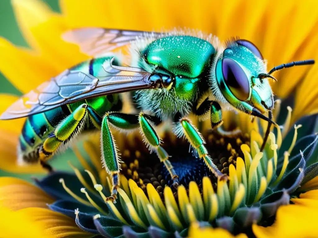 Vista detallada de una abeja sudorosa metálica sobre un girasol amarillo, resaltando la importancia de los insectos en la conservación