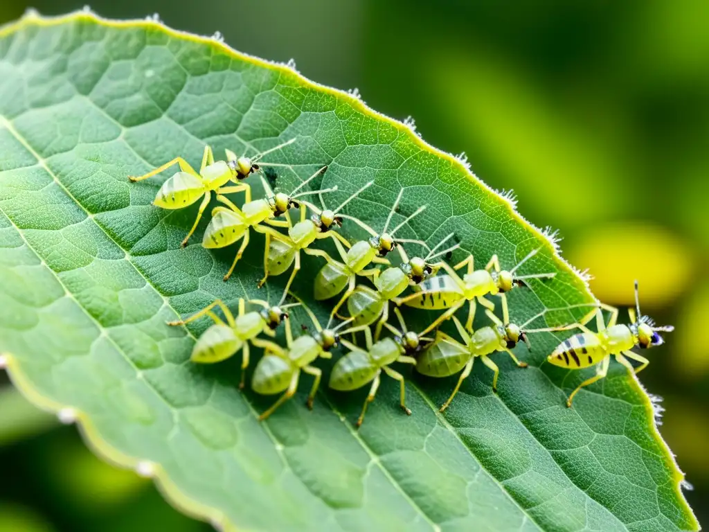 Una vista detallada de áfidos en una hoja amarillenta, resaltando el impacto del cambio climático en la gestión de plagas