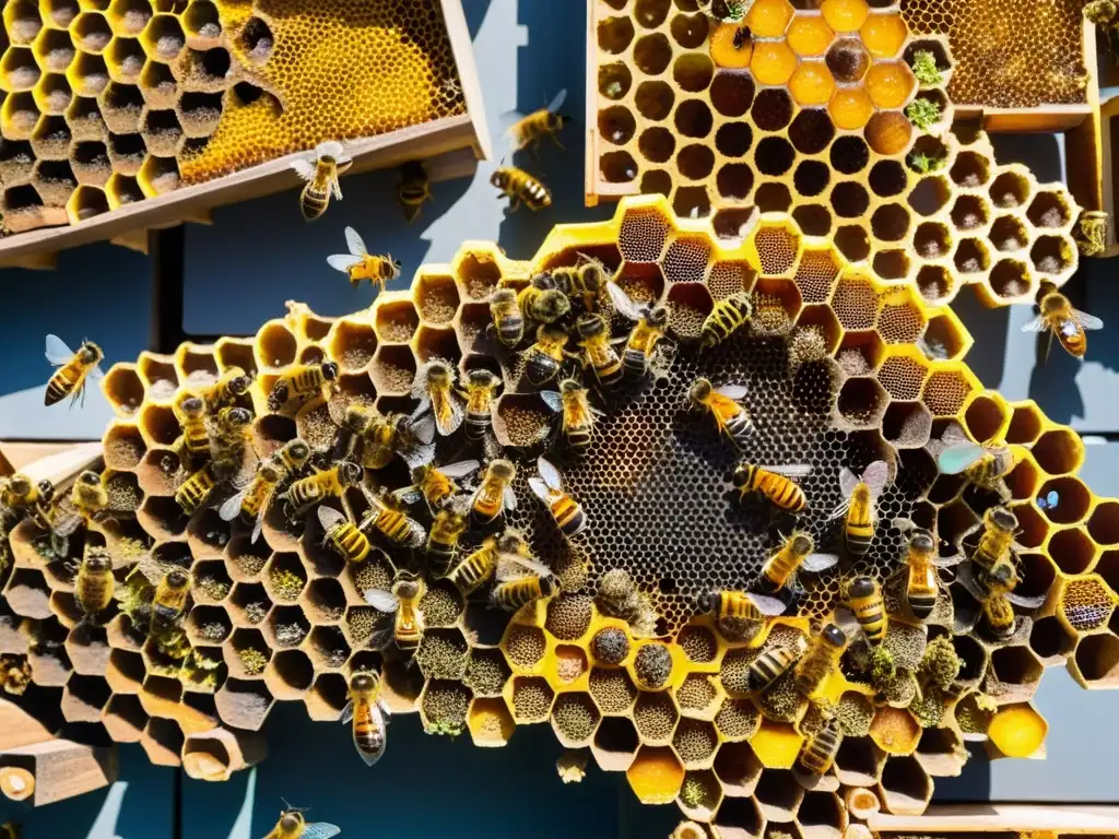 Vista detallada de una azotea urbana con colmenas y abejas polinizando flores, mostrando la importancia de la apicultura urbana en la ciudad