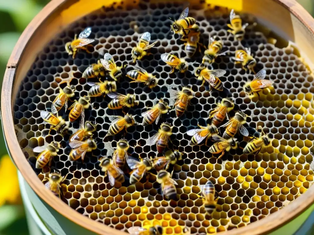 Vista detallada de una bulliciosa meliponicultura, con abejas sin aguijón trabajando en sus panales