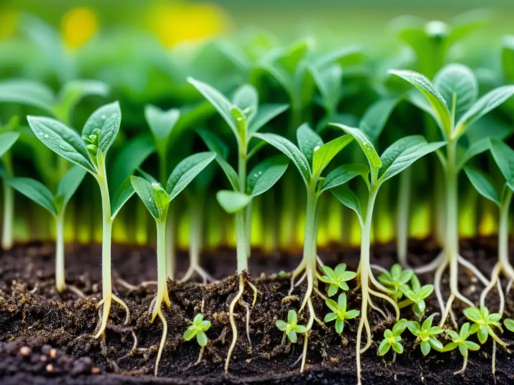 Vista detallada de cultivos verdes saludables con bacterias y hongos beneficiosos