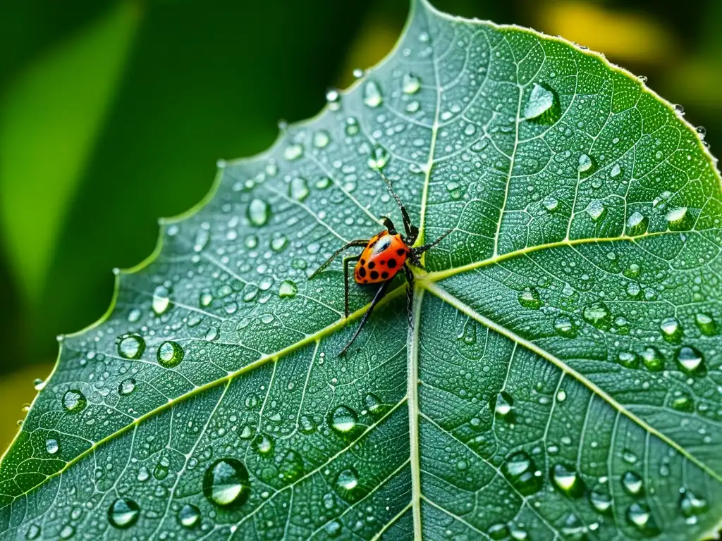 Vista detallada de una hoja verde con gotas de agua y telarañas, habitada por insectos