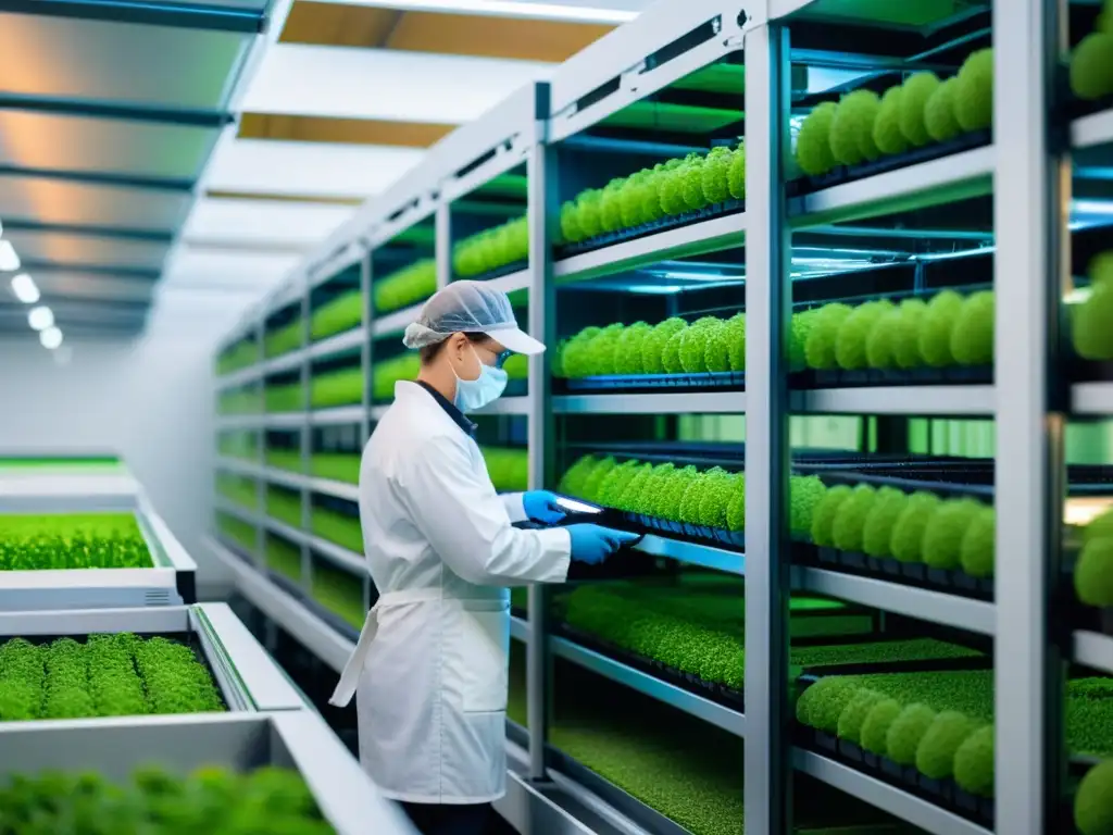 Vista detallada de una instalación moderna para cría de insectos para consumo humano, con tecnología avanzada y un ambiente futurista y limpio