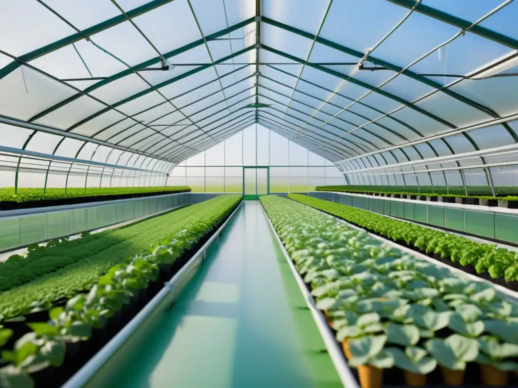 Vista detallada de invernadero moderno con manejo de plagas con barreras físicas y tecnología avanzada de control de pestes