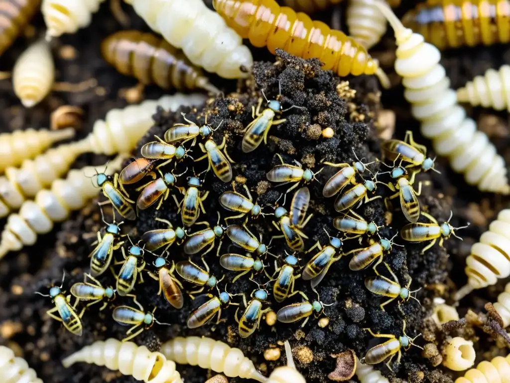 Vista detallada de larvas de mosca soldado sobre desecho orgánico, destacando el potencial de la alimentación con insectos orgánicos