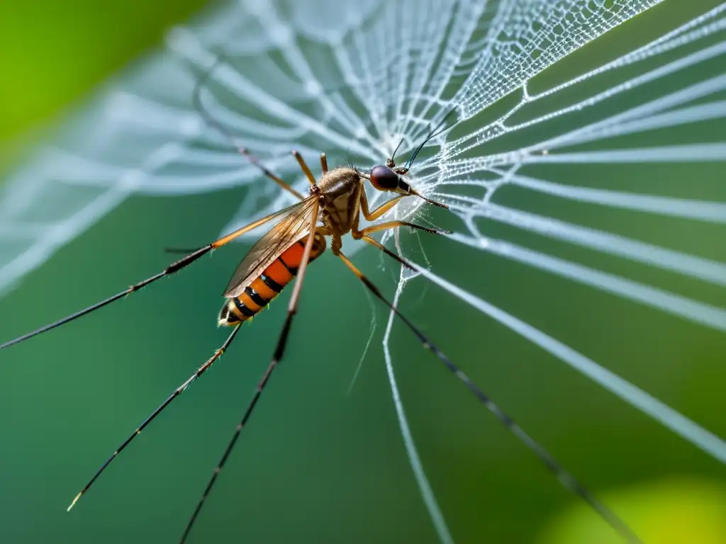 Vista detallada de un mosquito atrapado en una telaraña, con la araña al acecho