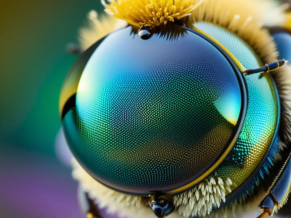 Una vista detallada de ojo compuesto de abeja, resaltando patrón hexagonal e irisado