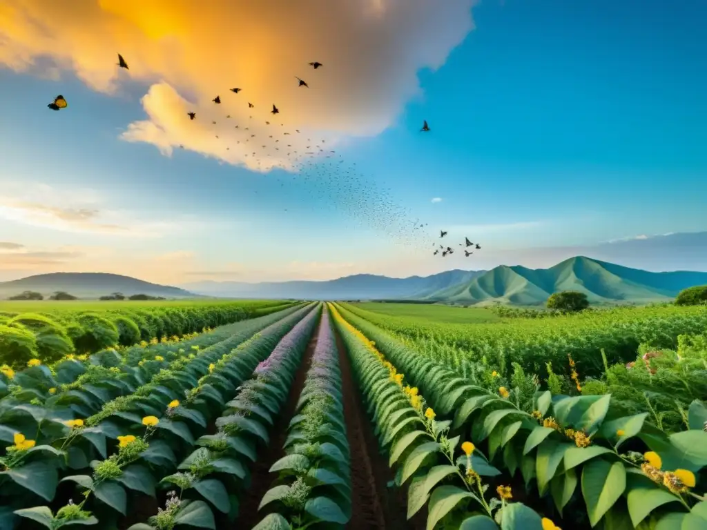 Vista impresionante de polinizadores clave como abejas, mariposas y colibríes en un paisaje agrícola exuberante y vibrante