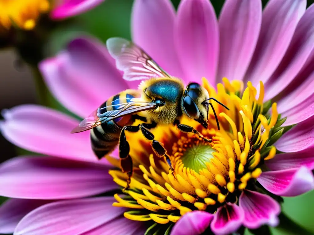 Vista macro de una abeja cubierta de polen amarillo en una flor rosa, destacando la importancia de los insectos en polinización