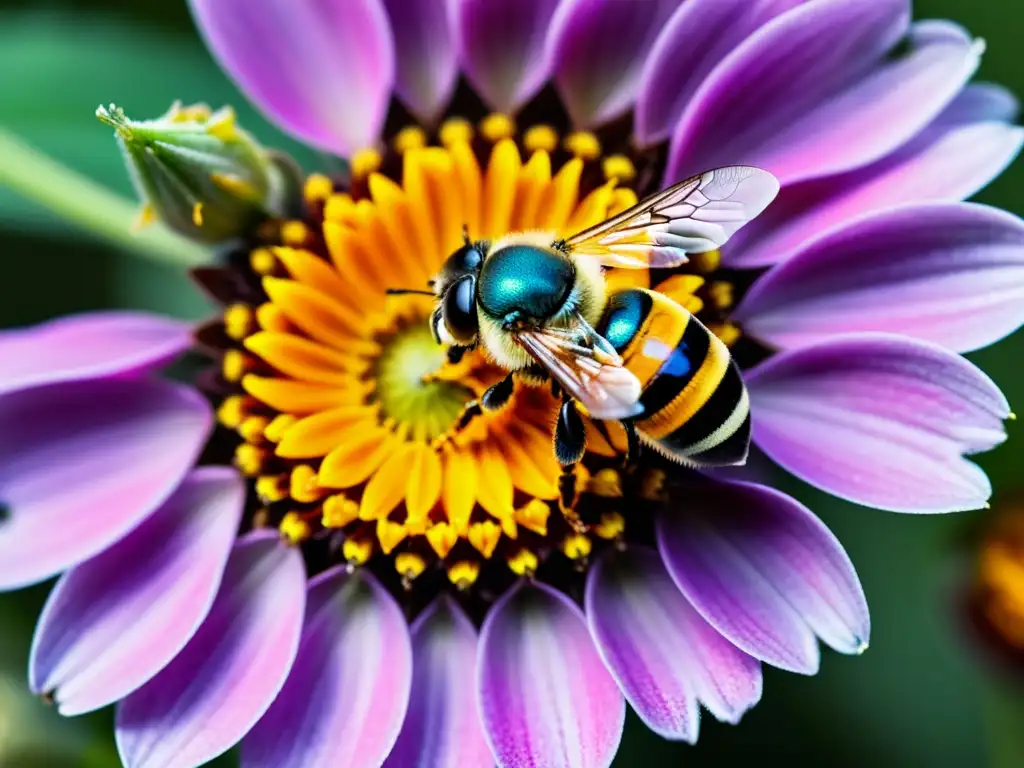 Vista macro de una abeja solitaria esparciendo polen en una flor vibrante, resaltando la comunicación en insectos solitarios