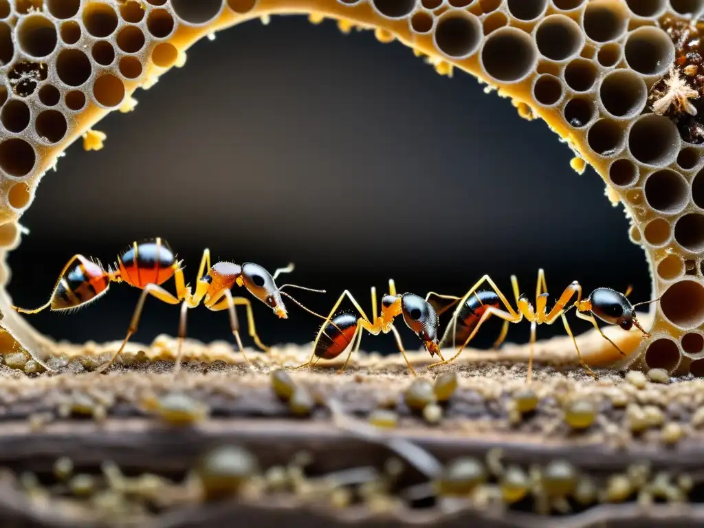 Vista macro de una colonia de hormigas trabajadoras, mostrando la evolución de insectos sociales en colonias complejas