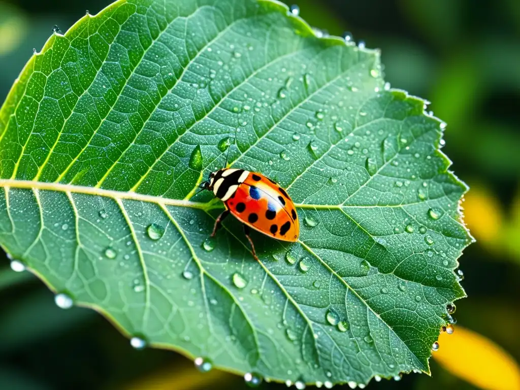 Vista macro de una hoja verde exuberante con insectos, resaltando la importancia de los insectos como bioindicadores en la naturaleza