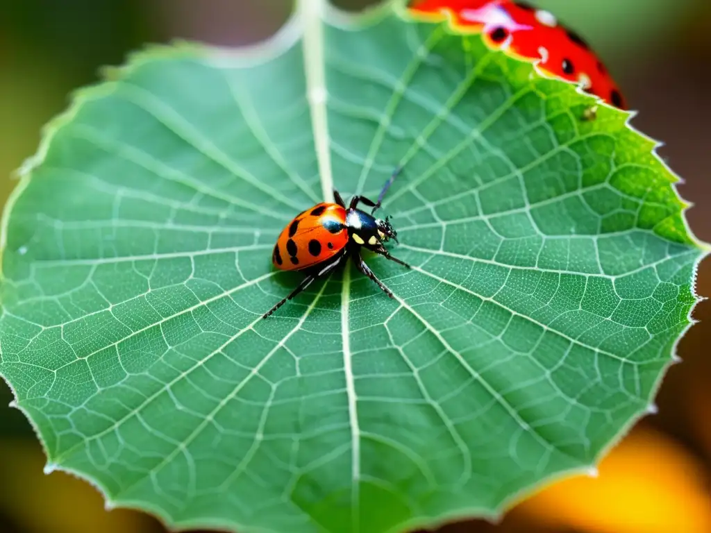 Vista macro de hoja verde con telarañas, insectos y pájaro en un ecosistema