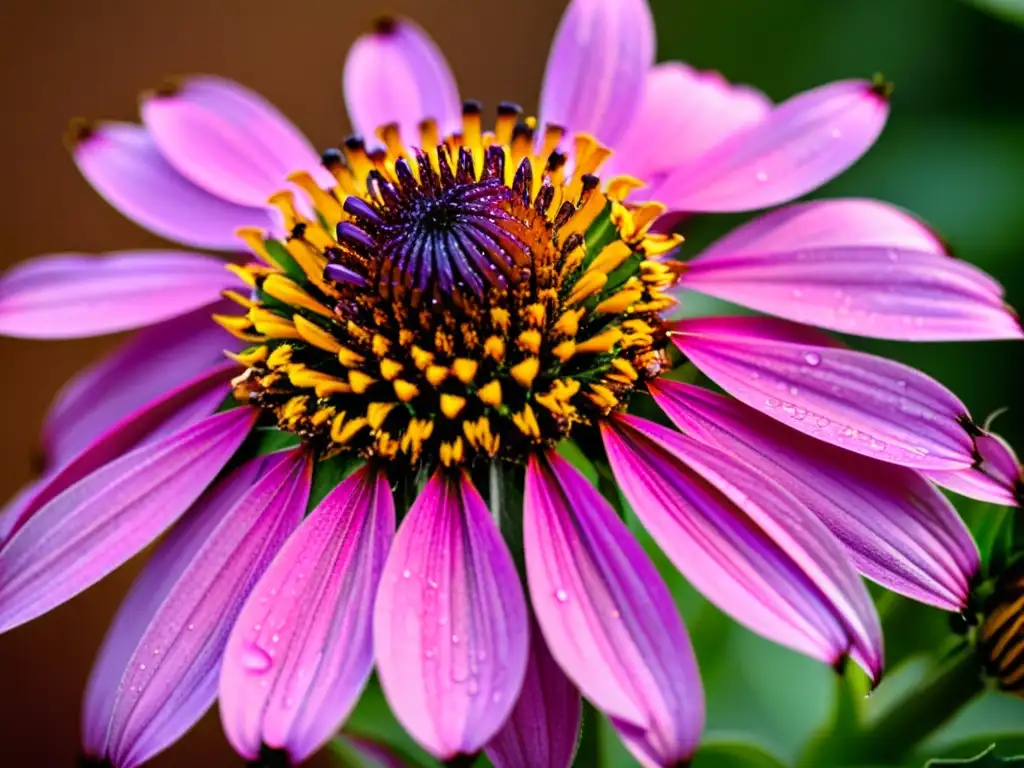 Vista macro impresionante de una flor púrpura de Equinácea purpúrea, atractiva para insectos, con detalles delicados y gotas de rocío