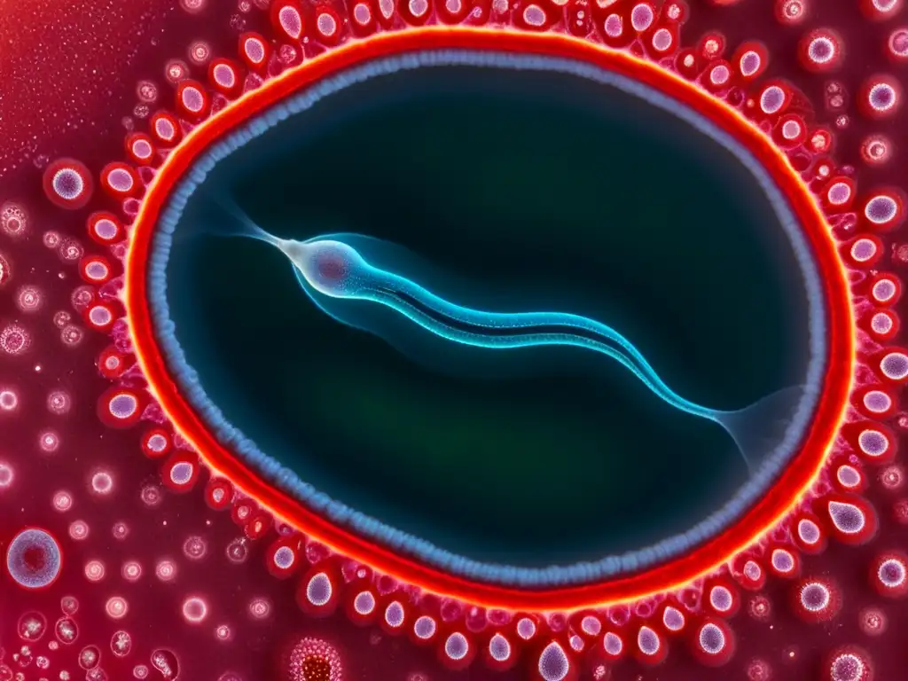 Vista microscópica detallada de parásitos Trypanosoma cruzi en la sangre humana, destacando la urgencia y complejidad de la tripanosomiasis