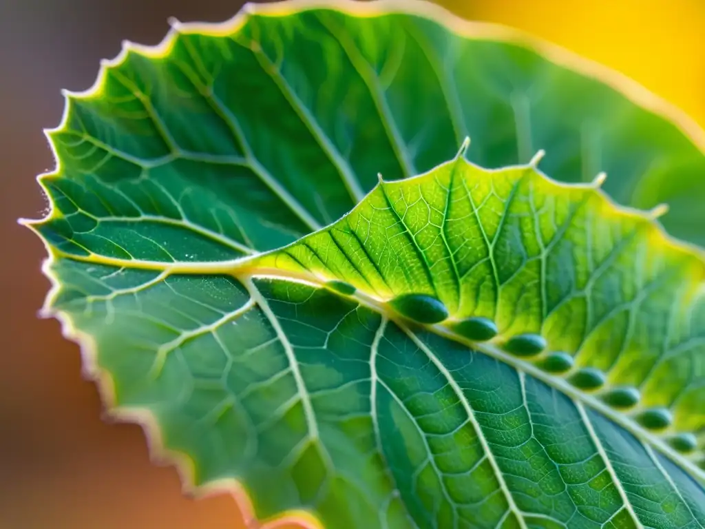 Vista en primer plano de hoja verde con detalladas venas y oruga verde transparente alimentándose