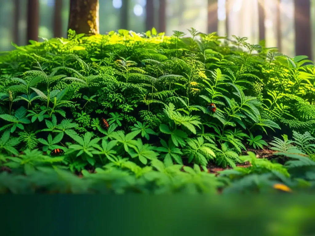 Vital papel de los insectos en reforestación: vibrante bosque con insectos forrajeando, polinizando y creando un ecosistema diverso