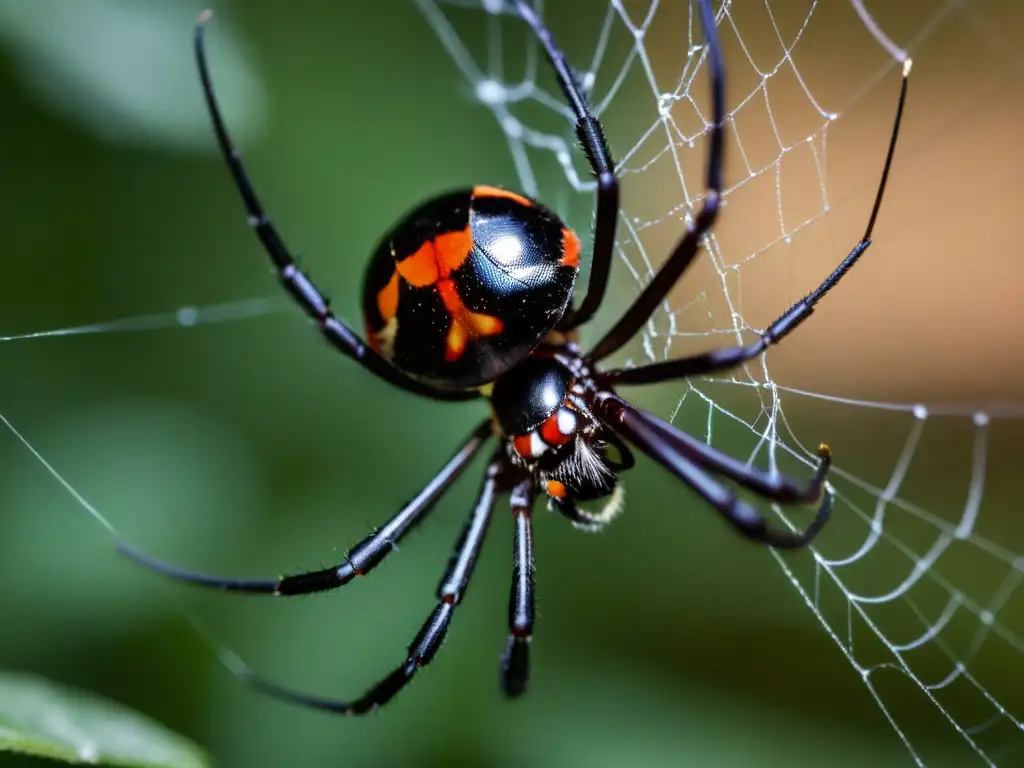 Una viuda negra con su veneno letal secretado por insectos, suspendida en su telaraña, mostrando su cuerpo negro brillante y la marca roja distintiva