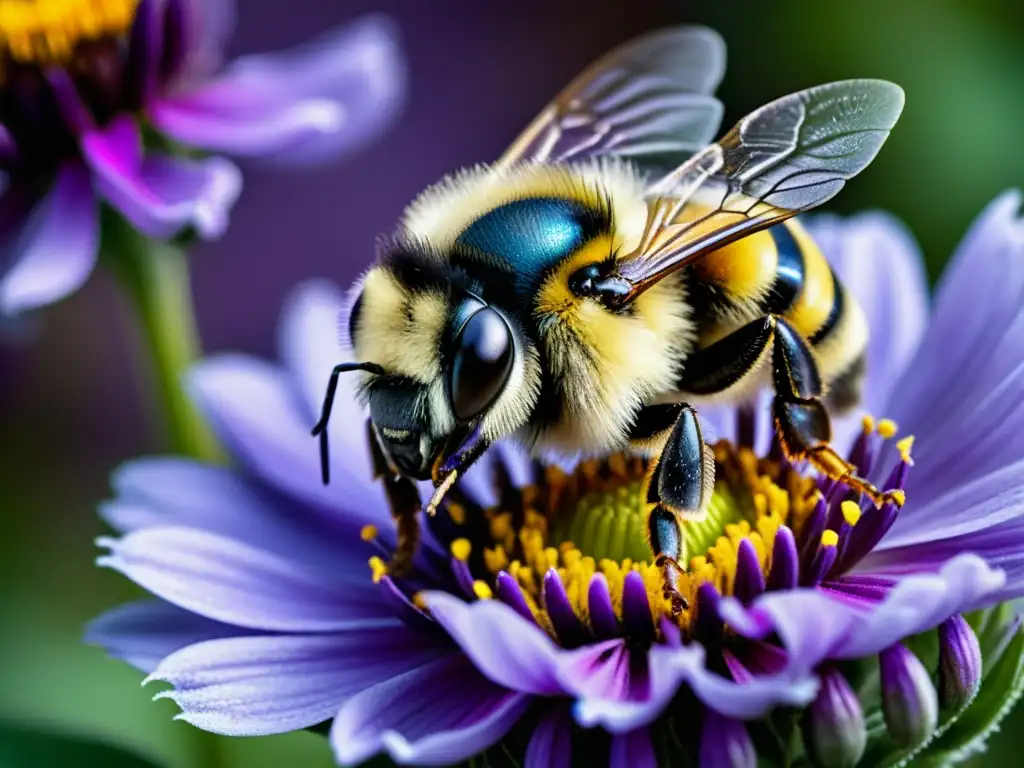 Un zumbido misterioso: un detallado bumblero en vuelo, con alas moviéndose en un halo de misterio junto a una flor púrpura