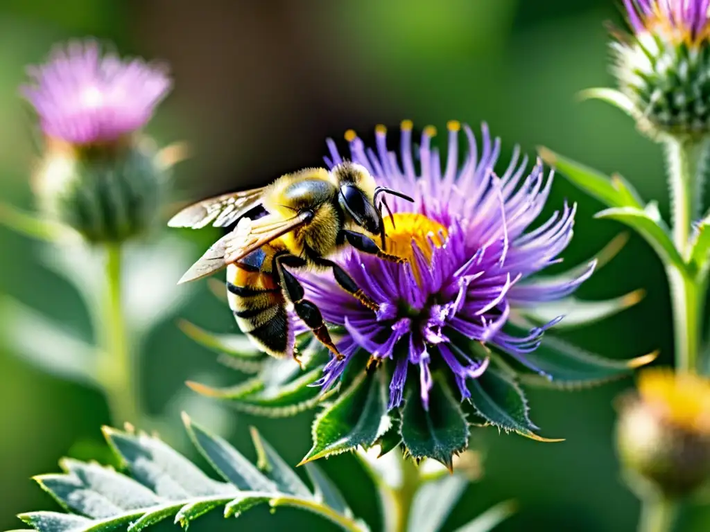 Un zumbido vibrante de la abeja cubierta de polen en una flor morada, resaltando la importancia de las rutas ecoturísticas para proteger abejas